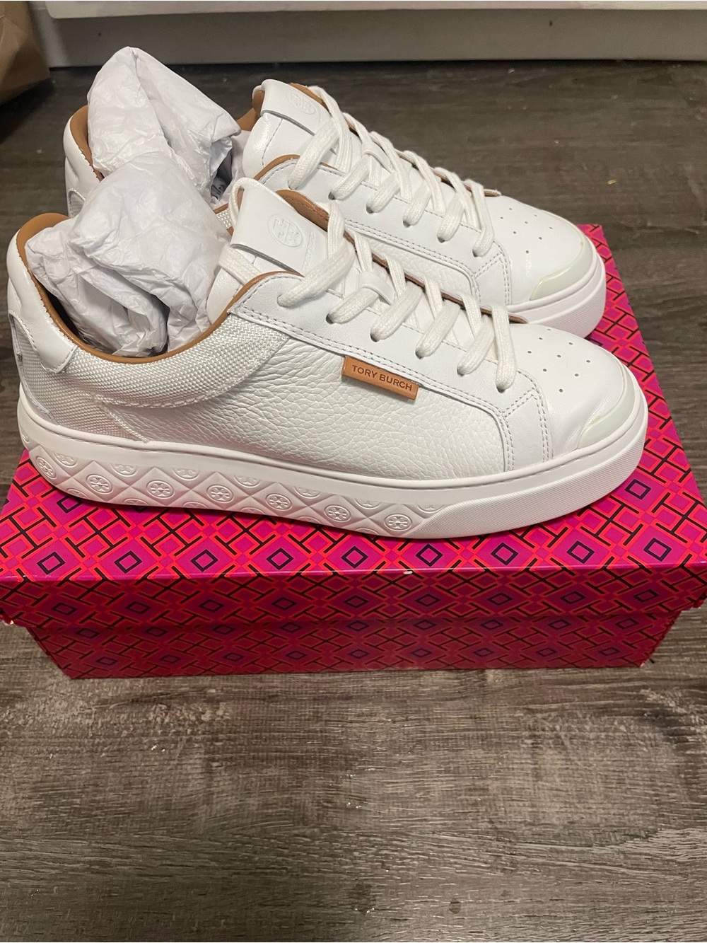 Tory Burch Ladybug White Leather Lace-Up Sneakers with Tan Accents - Picture 3 of 5